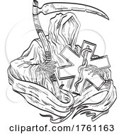 Poster, Art Print Of Grim Reaper Holding The Ems Star Of Life With Scythe Tattoo Drawing Black And White