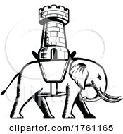 Poster, Art Print Of Elephant Wearing Saddle With Castle Or Single Tower On Top Retro Woodcut Style Black And White