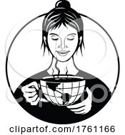 Poster, Art Print Of Female Holding And Drinking A Cup Of Coffee Made Of Globe With Map Of America
