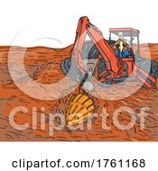 Poster, Art Print Of Mechanical Digger Laying Drill Bit For Directional Boring With Attached Empty Service Conduits Drawing