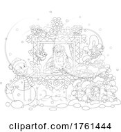 Poster, Art Print Of Black And White Santa With A Kitten In A Window With A Snowman Bird And Tree Outside