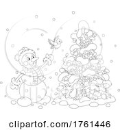 Poster, Art Print Of Black And White Happy Snowman And Bird With A Snow Flocked Tree