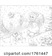 Poster, Art Print Of Black And White Happy Snowman And Dog Playing With A Sled