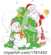 Poster, Art Print Of Santa Claus And A Snowman With A Sack