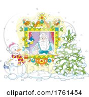 Santa With A Kitten In A Window With A Snowman Bird And Tree Outside