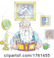Santa Claus Reading A Book With A Kitten