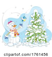 Poster, Art Print Of Happy Snowman And Bird With A Snow Flocked Tree