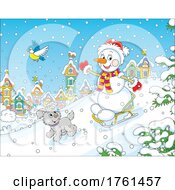 Poster, Art Print Of Happy Snowman And Dog Playing With A Sled