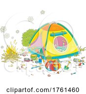 Poster, Art Print Of Messy Camp Site With A Tent Fire And Gear