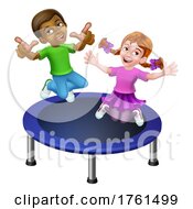 Kids Jumping On A Round Cartoon Trampoline by AtStockIllustration