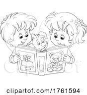 Poster, Art Print Of Black And White Puppy Dog And Children Reading A Book