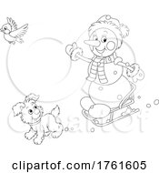 Black And White Snowman Sledding With A Dog And Bird