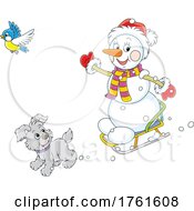 Snowman Sledding With A Dog And Bird