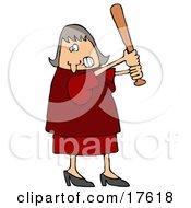 Angry Caucasian Woman In A Red Dress And Heels Swinging A Wooden Baseball Bat After Someone Really Ticked Her Off