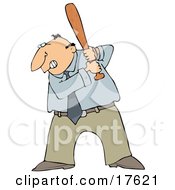 Angry Middle Aged Caucasian Businessman Preparing To Swing A Bat After Someone Pissed Him Off Clipart Illustration