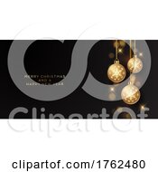 Poster, Art Print Of Minimal Christmas Banner With Hanging Gold Baubles