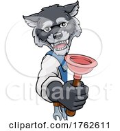 Wolf Plumber Cartoon Mascot Holding Plunger