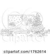 Poster, Art Print Of Black And White Snowman Emerging From A Tv And Decorating A Christmas Tree