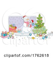 Poster, Art Print Of Snowman Emerging From A Tv And Decorating A Christmas Tree