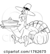 Black And White Thanksgiving Turkey Mascot Holding A Pumpkin Pie