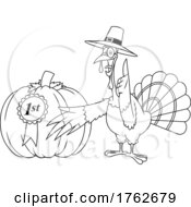 Poster, Art Print Of Black And White Thanksgiving Turkey Mascot Presenting A Winning Pumpkin