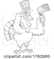 Black And White Patriotic Turkey Mascot Holding An American Flag