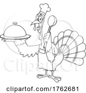 Poster, Art Print Of Black And White Turkey Mascot Chef Holding A Ladle And Cloche