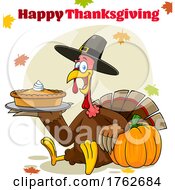 Turkey Mascot Holding A Pumpkin Pie With Happy Thanksgiving Text