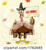 Thanksgiving Turkey Mascot Holding An Eat Pork Sign
