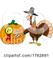 Thanksgiving Turkey Mascot Presenting A Winning Pumpkin