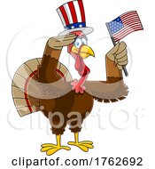 Patriotic Turkey Mascot Holding An American Flag