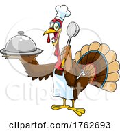 Turkey Mascot Chef Holding A Ladle And Cloche