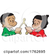 Poster, Art Print Of Cartoon Boy And Girl Holding A Wish Bone