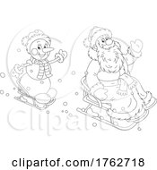 Black And White Santa Claus Sledding With A Snowman