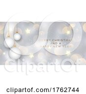 Poster, Art Print Of Christmas And New Year Banner With Gold Stars And Hanging Baubles