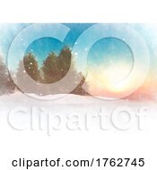 Poster, Art Print Of Watercolor Winter Landscape At Sunset