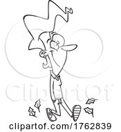 Black And White Cartoon Happy Woman Taking A Walk In Autumn