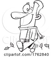 Black And White Cartoon Man Taking A Stroll In Autumn by toonaday