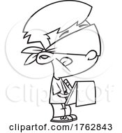 Black And White Cartoon Boy Folding Out A Survey With A Blindfold