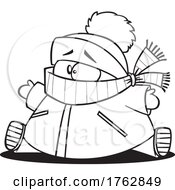 Black And White Cartoon Chubby Boy Bundled Up For Winter