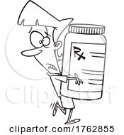 Black And White Cartoon Woman Carrykng A Huge Prescription Bottle by toonaday