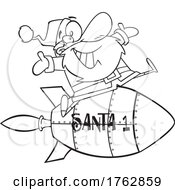 Black And White Cartoon Santa Riding A Rocket