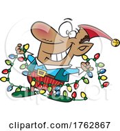 Poster, Art Print Of Cartoon Happy Christmas Elf Holding Lights