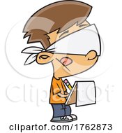 Cartoon Boy Folding Out A Survey With A Blindfold