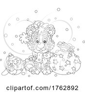 Poster, Art Print Of Black And White Cute Tiger Christmas Cub With A Bauble And Sack