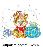 Poster, Art Print Of Cute Tiger Christmas Cub With A Bauble And Sack