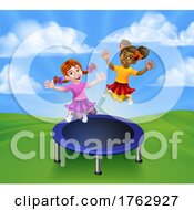 Kids Jumping On A Round Cartoon Trampoline by AtStockIllustration