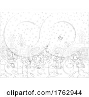 Poster, Art Print Of Black And White Puppy Birds And Children Making A Snowman