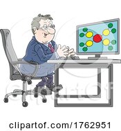 Cartoon Businessman Looking At A Computer Model Of A MLM Pyramid Scheme