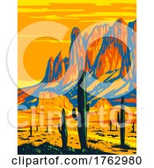 Poster, Art Print Of Lost Dutchman State Park Showing Flat Iron In The Superstition Mountains In Arizona Usa Wpa Poster Art